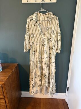 Anthropologie Striped Cream and Green Sun Motif Tiered Midi Dress